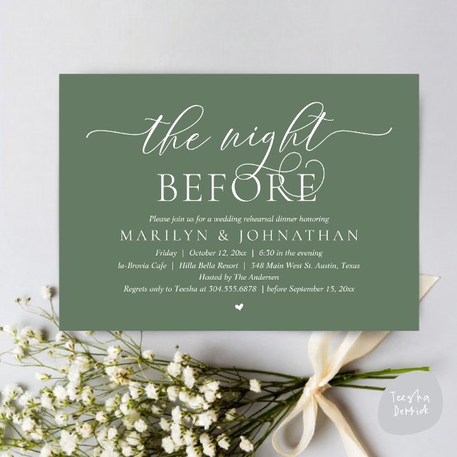 Vorabend, perfekte Hochzeitsfeier Probe Einladung (The Night Before, Perfect Wedding Rehearsal Dinner Modern Classy Invitation Card, PDF, Sage Green)