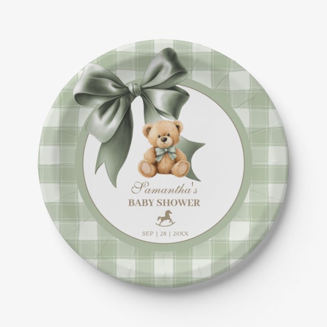 Vorbereitung Teddy Bär Salbei Grüner Karierter Bab Pappteller (Vorderseite)