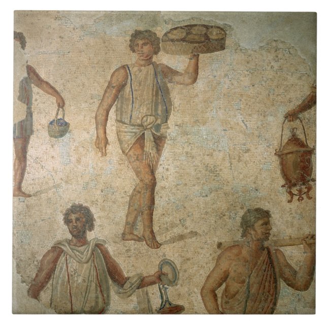 Vorbereitungen für ein Bankett, Fragment des Fliese (Vorderseite)