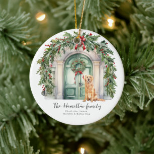 Vordertür mit goldenem Retriever Weihnachten Keramik Ornament