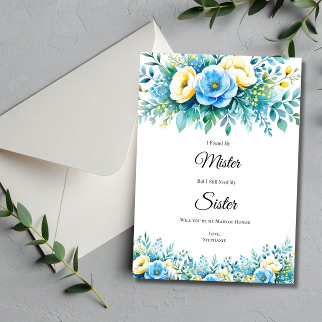 Vorgeschlagene Brautpartys für blaugelbe Flora Einladung (Blue yellow watercolor floral Bridesmaid Maid of Honor Proposal card. Printed or Digital download)