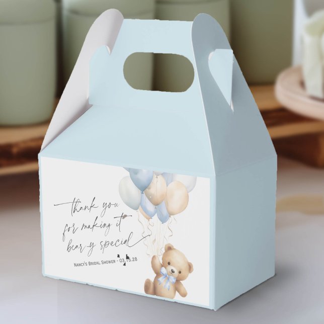 Vorher warten Niedlicher Teddybär und Blauballons Geschenkschachtel (We Can Bearly Wait, Blue Baby Boy Shower Favor Box.)