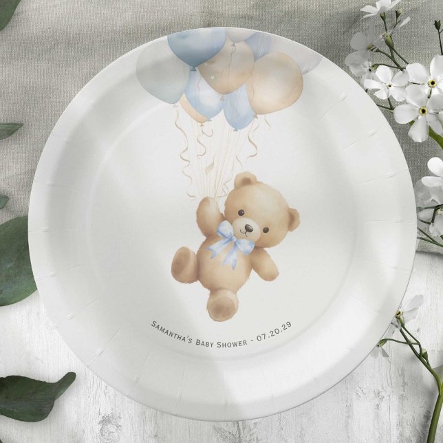 Vorher warten Niedlicher Teddybär und Blauballons Pappteller (Blue We can Bearly Wait, baby Boy Shower paper plate.)