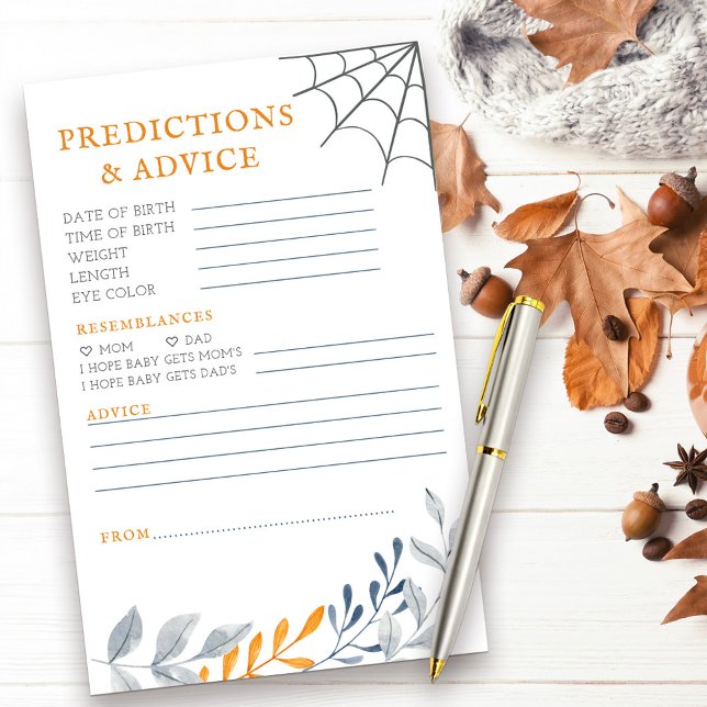 Vorhersageempfehlungen zu Halloween-Kinderduschakt (Predictions & Advice halloween themed baby shower activity with fall leaves and cobweb)