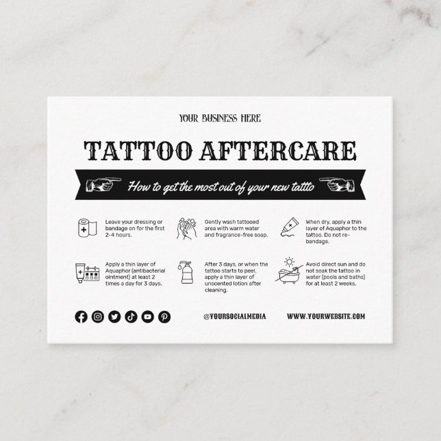 Vorlage der schwarzen Tattoo Aftercare Card mit Sy Visitenkarte (Vorderseite)