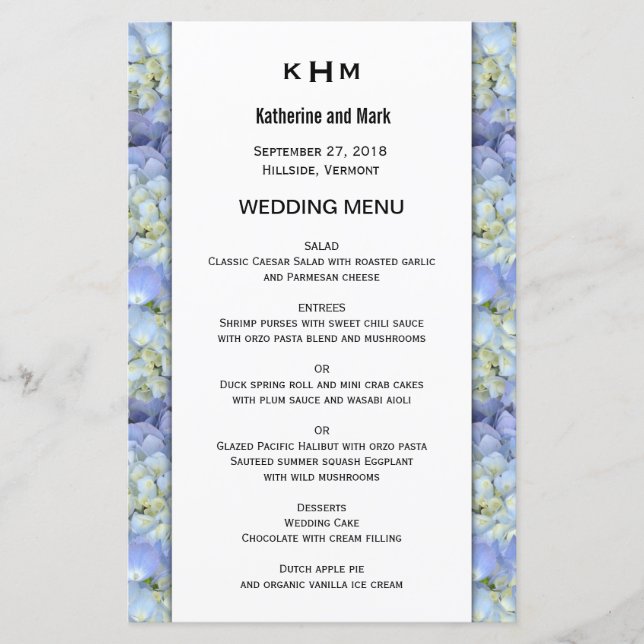 Vorlage des Blue Hydrangea Monogram Wedding Menu (Vorderseite)