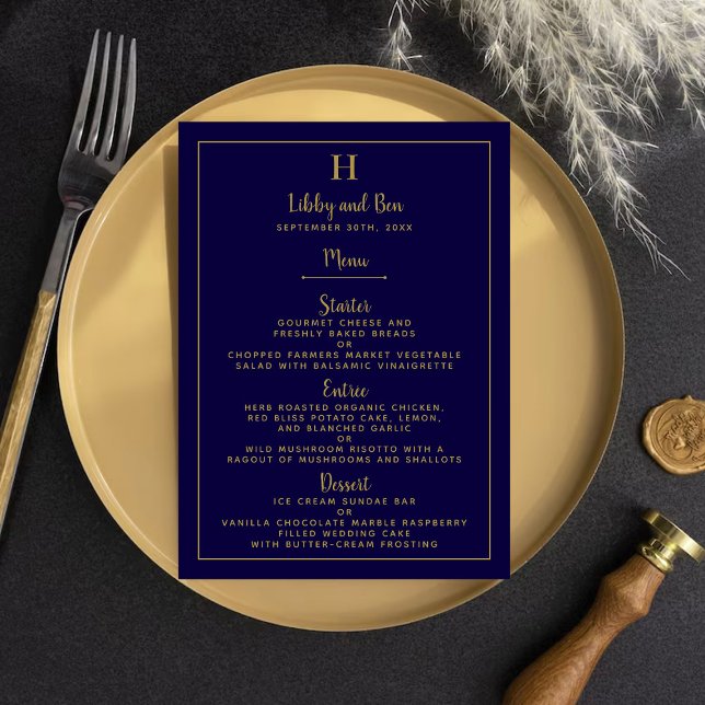Vorlage des Chic Navy Blue & Gold Wedding Menüs (Von Creator hochgeladen)