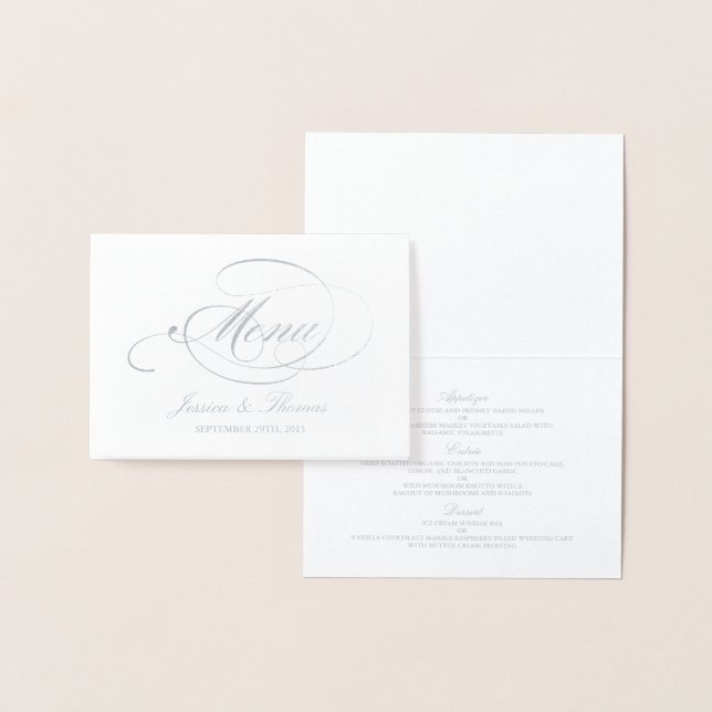 Vorlage des Chic Silver Foil & White Wedding Menüs (Anzeige)
