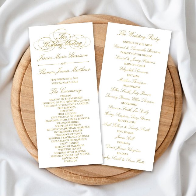 Vorlage des eleganten Gold & White Wedding Program Werbekarte (Von Creator hochgeladen)