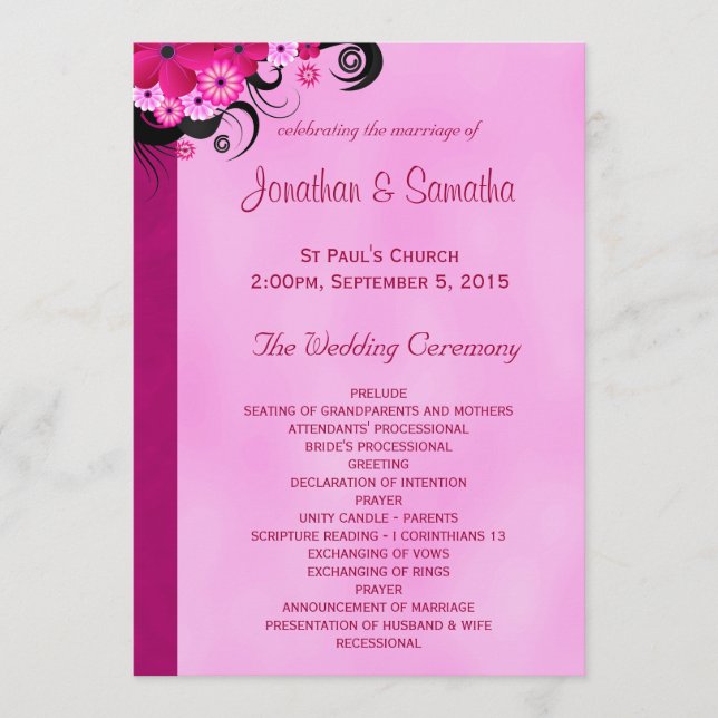 Vorlage des Hochzeitsprogramms für leichte Fuchsia (Vorderseite)
