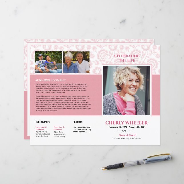 Vorlage des Programms zur Beerdigung von Pink-Flor (Vorderseite/Rückseite Beispiel)