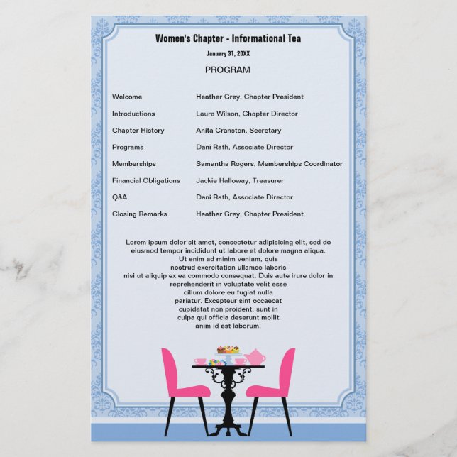 Vorlage des Tee-Party-Programms (Vorderseite)