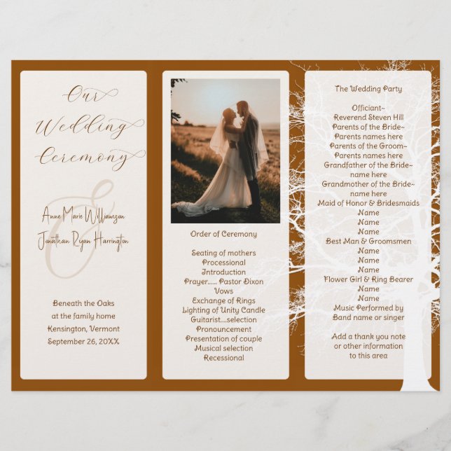 Vorlage des Tree Brown Tri-Fold-Hochzeitsprogramms (Vorderseite)