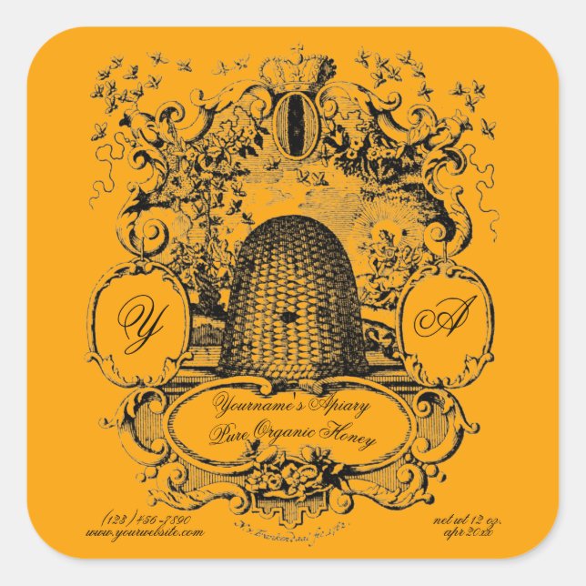 Vorlage für antikes Honig-Label "Beehive Cartouche Quadratischer Aufkleber (Vorderseite)