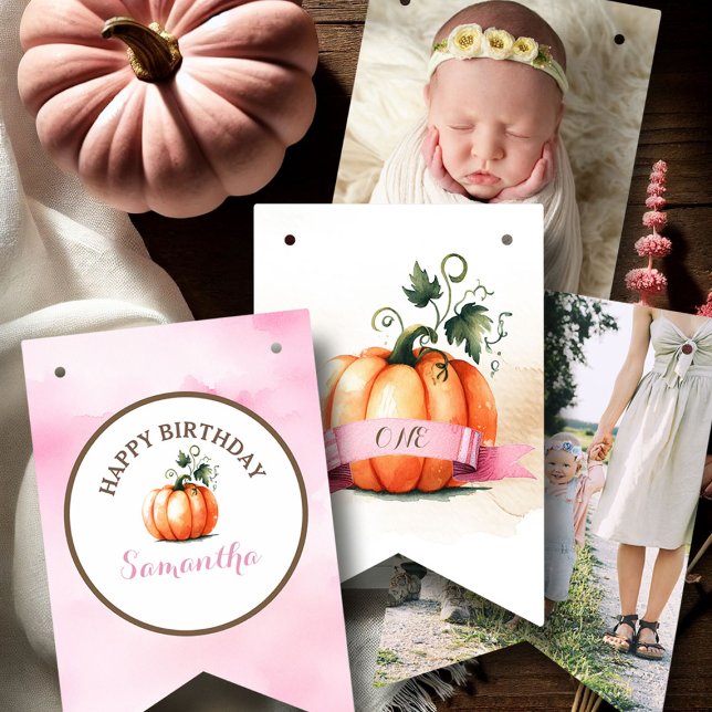 Vorlage für benutzerdefinierte Bannervorlagen Wimpelkette (Bunting flag fall little pumpkin birthday with photos pink girl )
