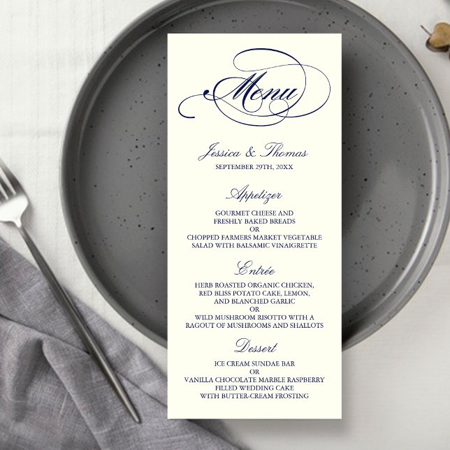 Vorlage für das Chic Navy & Ivory Wedding Menu Werbekarte (Von Creator hochgeladen)