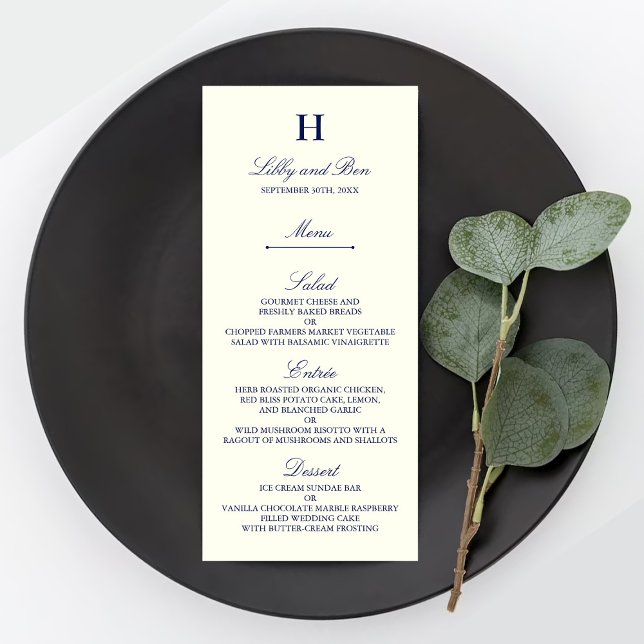 Vorlage für das Chic Navy & Ivory Wedding Menu Werbekarte (Von Creator hochgeladen)