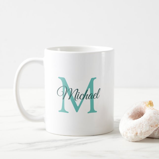 Vorlage für das erste Monogramm Aquamarine Weiße T Kaffeetasse (Mit Donut)