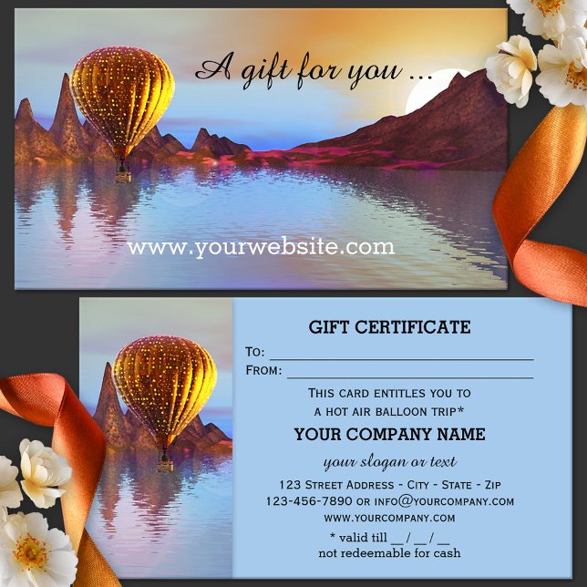 Vorlage für das Geschenkgutachten für Heißluftball Rabattkarte (Hot air balloon entertainment gift certificate card with fantasy landscape - day trip)
