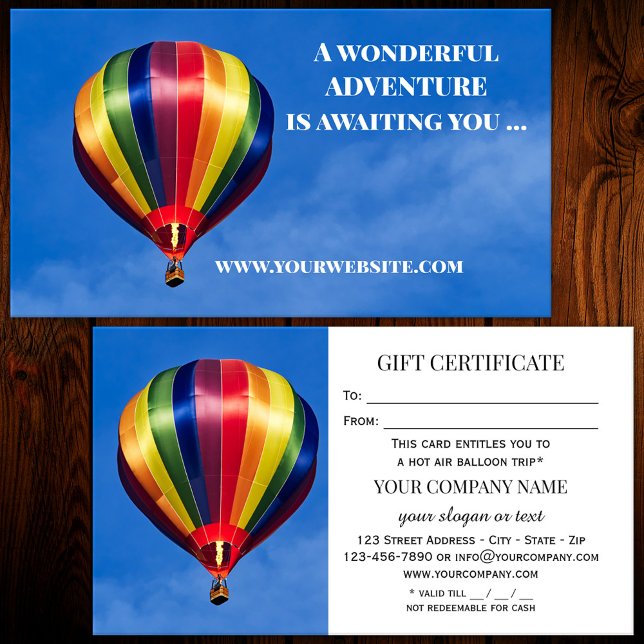 Vorlage für das Geschenkgutachten für Heißluftball Rabattkarte (A gift certificate or regular business card featuring a hot air balloon.)
