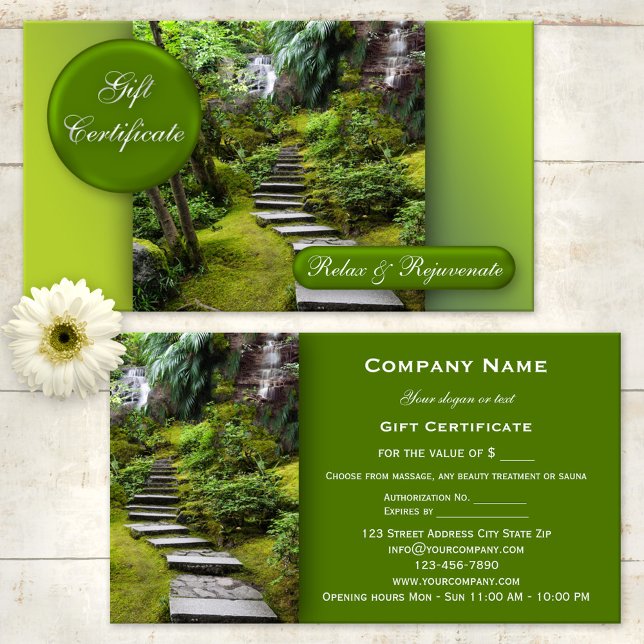 Vorlage für das Geschenkgutachten für Wellness-Cen Rabattkarte (Green and refreshing - spa, massage, sauna or beauty gift certificate)