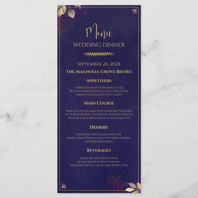 Vorlage für das Hochzeitsmenü von Navy Gold Floral (Vorderseite)