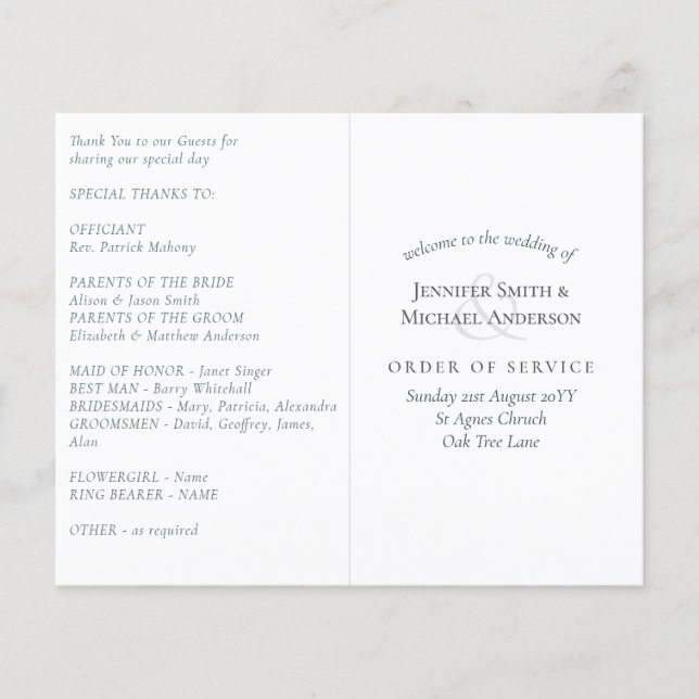 Vorlage für das Hochzeitsprogramm (Vorderseite)