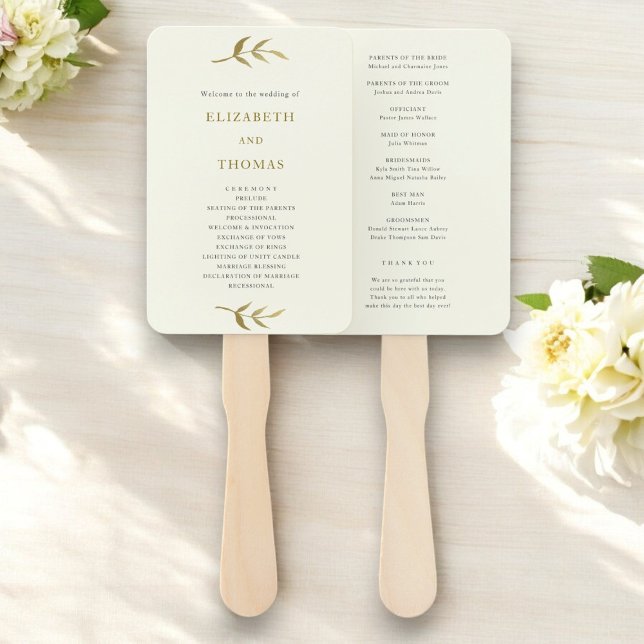 Vorlage für das Hochzeitsprogramm für Elfenbein un Fächer (wedding program hand fan template in ivory and gold , ideal for a luxury summer wedding)