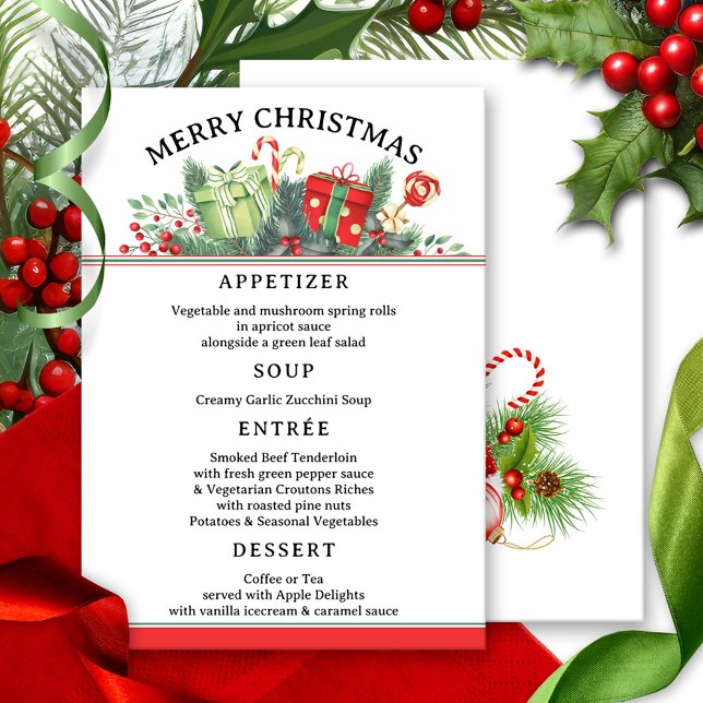 Vorlage für das klassische Weihnachtsmenü (Christmas menu card featuring a festive classic design in red and green with pine twigs and berries)