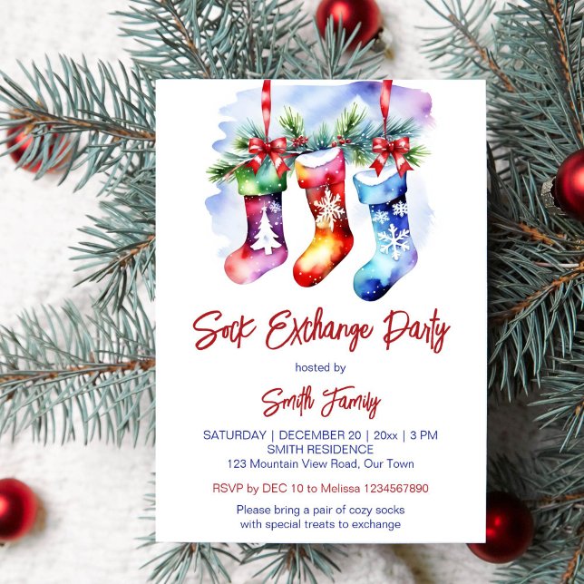 Vorlage für das Party des Weihnachtsaustausches (Christmas sock exchange party template invitation instant download colorful socks on snowy fir tree)