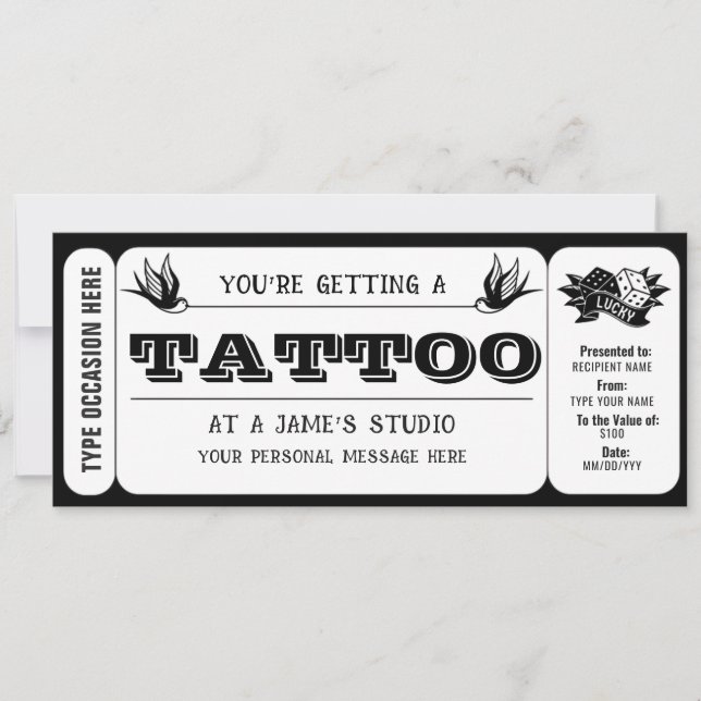 Vorlage für das persönliche Tattoo Ticket Geschenk (Vorderseite)