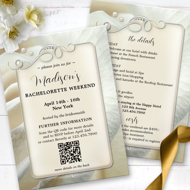Vorlage für den Bachelorette-Wochenende-QR-Code (Bachelorette weekend getaway invitation QR  program template with pearls and silver on an ivory rose)