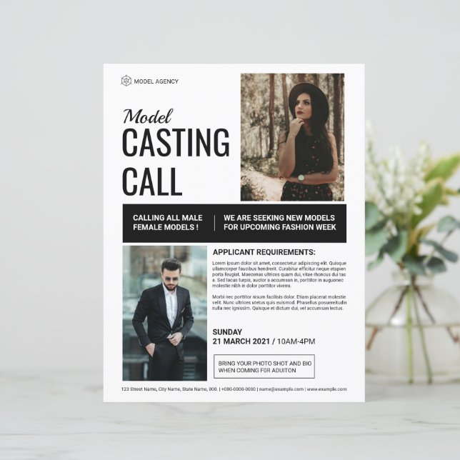 Vorlage für den Flyer für das Casting (Stehend Vorderseite)