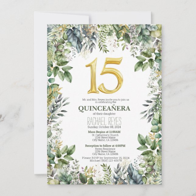 Vorlage für die Einladung von Greenery Quinceañera (Vorderseite)