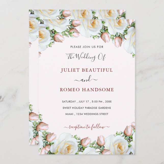 Vorlage für die Einladung von weißen Rosenrahmen (Vorne/Hinten)