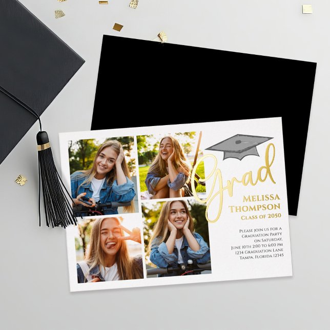 Vorlage für die FotoCollage von Gold Script-Abschl (Gold script graduation photo collage template foil invitation announcement)