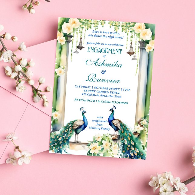Vorlage für die indische Verlobung Peak und Jasmin (Peacock and jasmine Indian wedding engagement template editable invitation instant digital download)