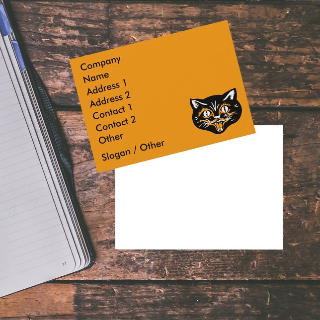 Vorlage für die Vintage Visitenkarte (Fun vintage black cat Halloween face with orange white accents on orange business cards.)