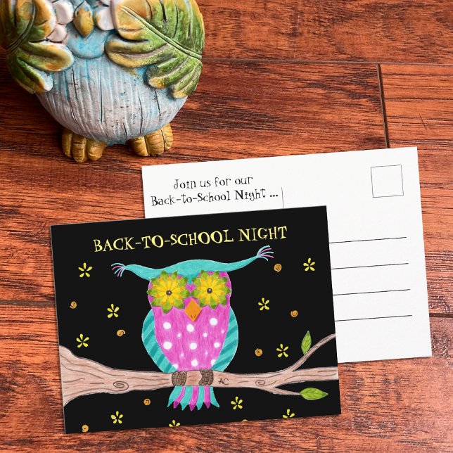 Vorlage für die "Zurück-zur-Schule-Nachtkarte" Postkarte (Back-to-school owl postcard .)
