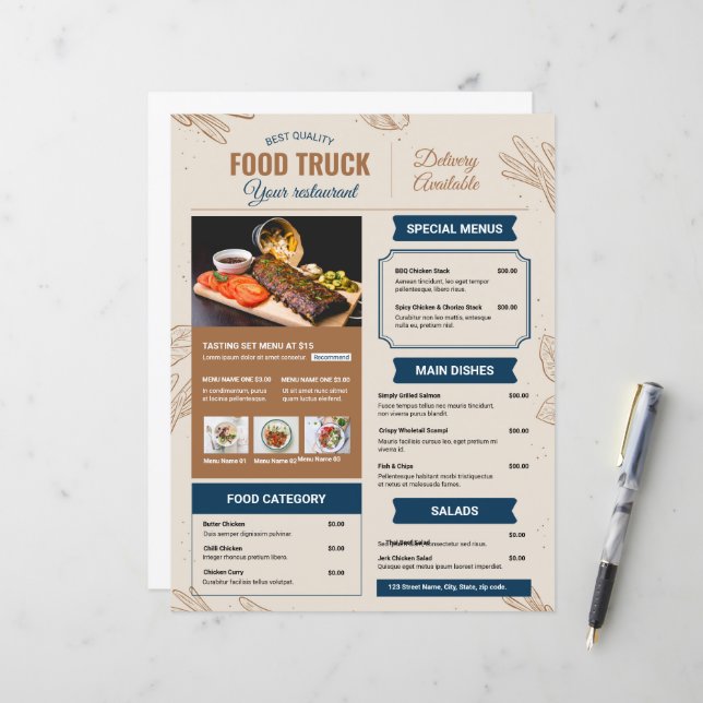 Vorlage für Food Truck Menü (Vorderseite/Rückseite Beispiel)