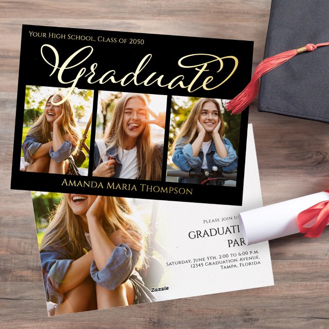 Vorlage für Graduate Foto Collage Gold Foil (Gold foil graduation photo collage invitation template. )