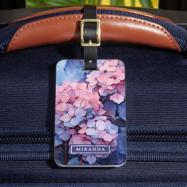 Vorlage für hübsche Lila Wasserfarben-Hydrangea Gepäckanhänger (Vorderseite Insitu 2)