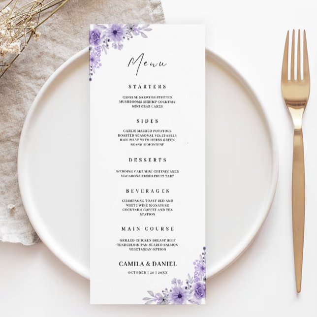 Vorlage für lila Hochzeitmenükarten (Purple Wedding Menu Cards Template)