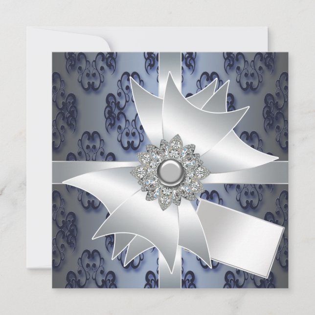 Vorlage für Navy Blue Damask-Party Einladung (Vorderseite)