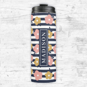 Vorlage für Navy Blue Floral Individuelle Name Thermosbecher
