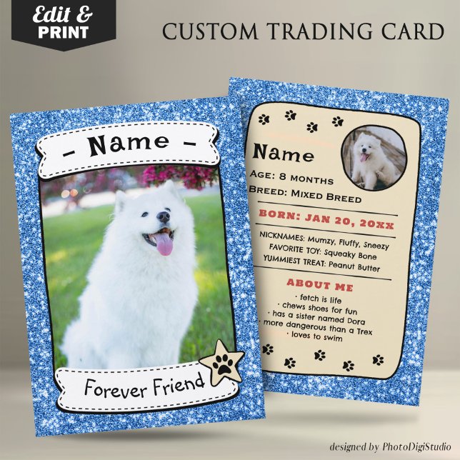 Vorlage für personalisierte Dog Cards für den Hand Telefonnummerkarte (Glitter Blue Pet Trading Card Dog Trading Card Therapy Dog)
