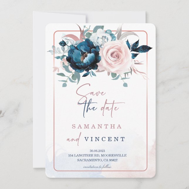 Vorlage für Rose, Gold und Navy Blue Save the Date (Vorderseite)