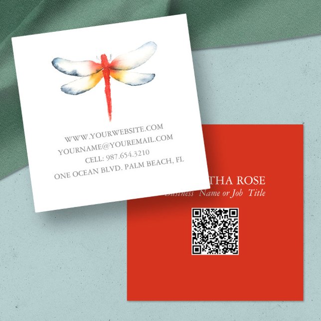 Vorlage für Visitenkarten Rote Libelle Quadratische Visitenkarte (Red dragonfly business cards feature unique watercolor art by Victoria Grigaliunas, Do Tell A Belle)