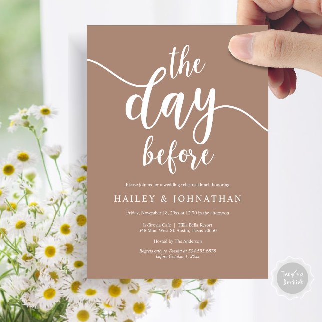Vormittag, Hochzeitsessen oder Probe Brunch Einladung (The day before, Wedding Rehearsal Lunch or Brunch Invitation Card, PDF, Taupe Brown)