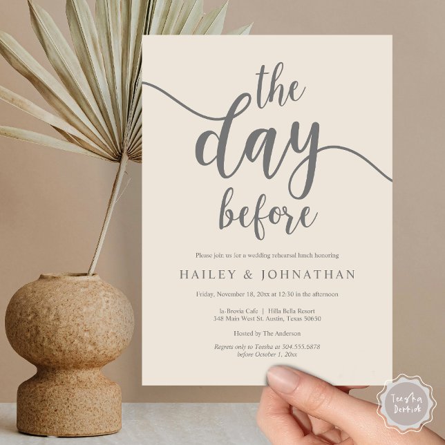 Vormittag, Hochzeitsessen oder Probe Brunch Einladung (The day before, Wedding Rehearsal Lunch or Brunch Invitation Card, PDF, Cream Grey)